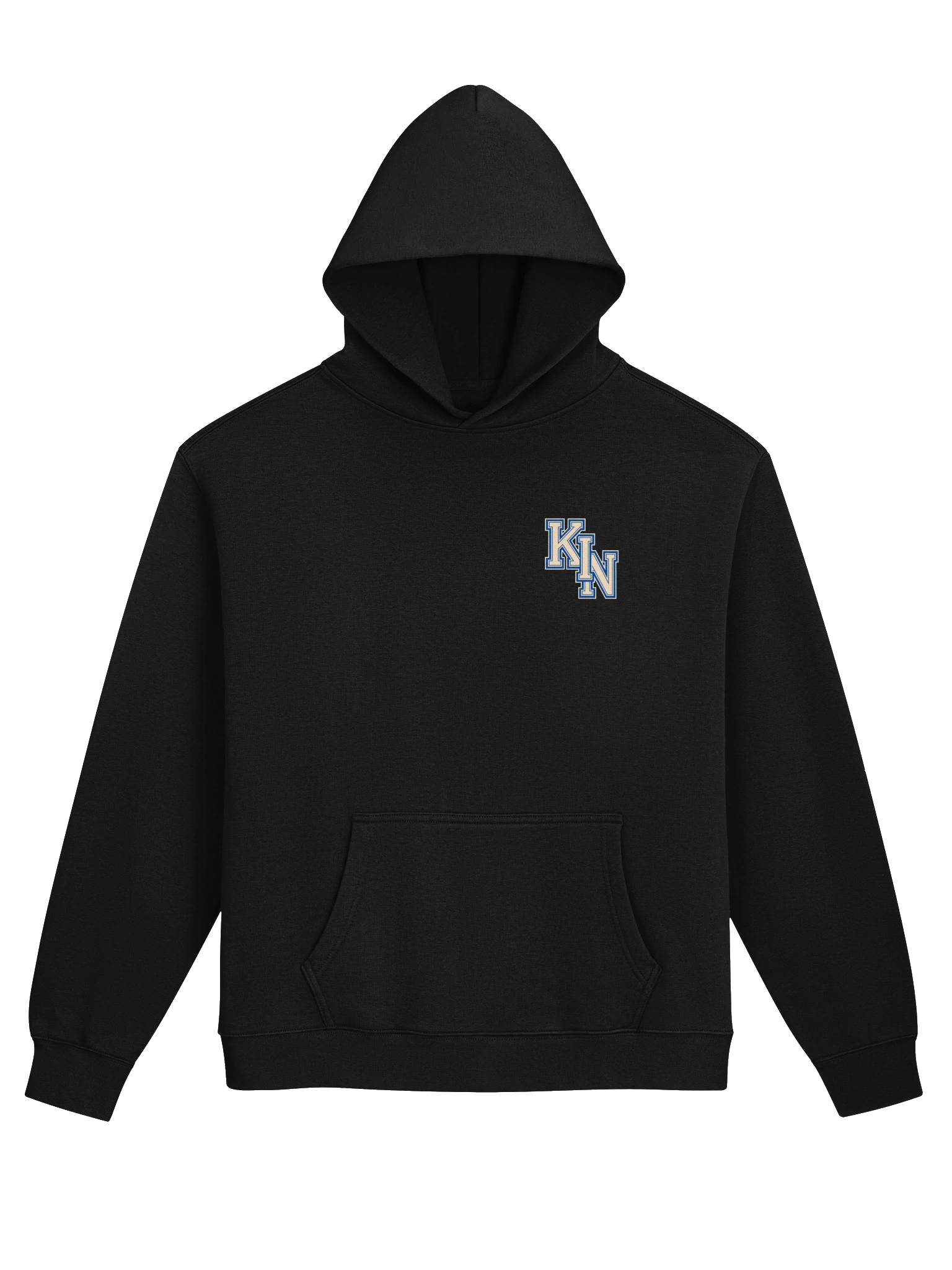 Keep It Nerdy Varsity Hoodie – black heavyweight hoodie featuring KIN left-chest emblem and bold varsity back print