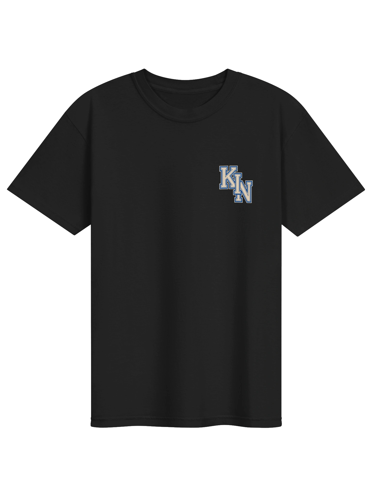 Keep It Nerdy Varsity Tee – black heavyweight t-shirt with KIN monogram on chest and collegiate crest on the back