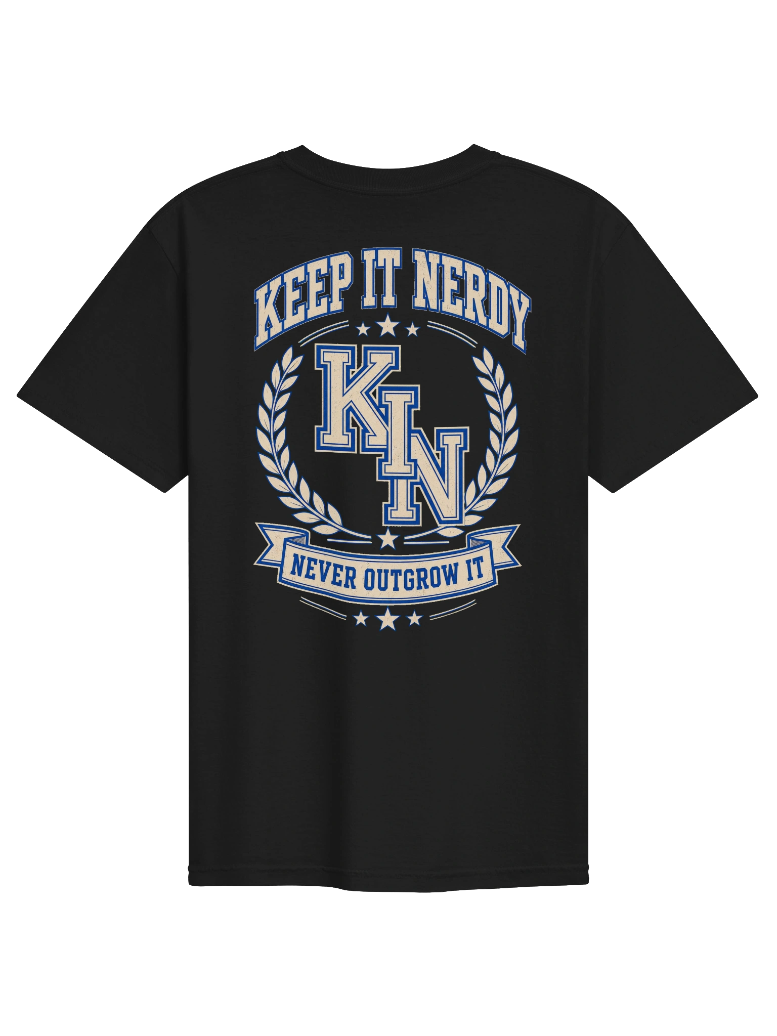 Keep It Nerdy Varsity Tee – black heavyweight t-shirt with KIN monogram on chest and collegiate crest on the back