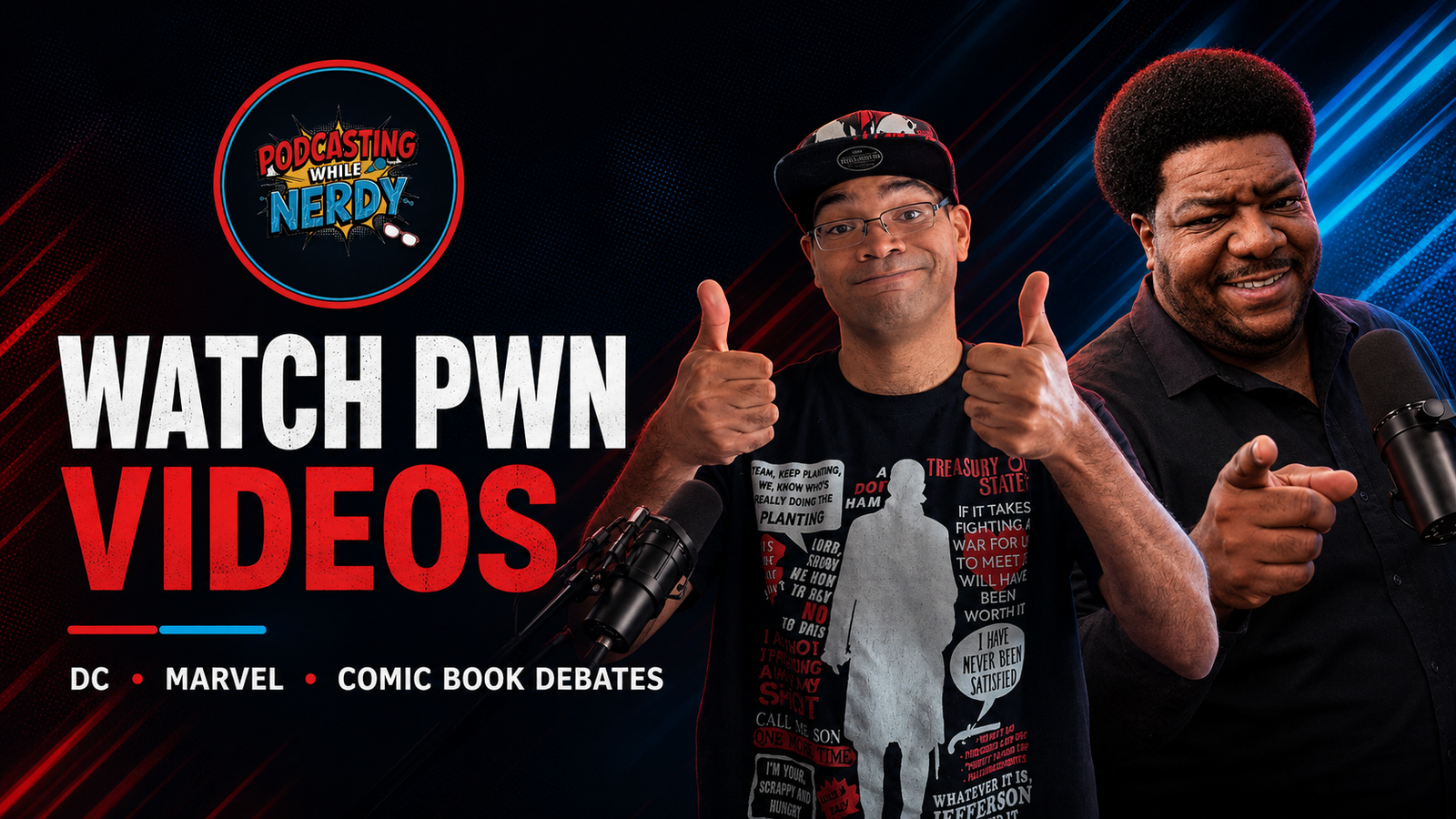 Adrian and Uncle Black inviting viewers to watch Podcasting While Nerdy videos