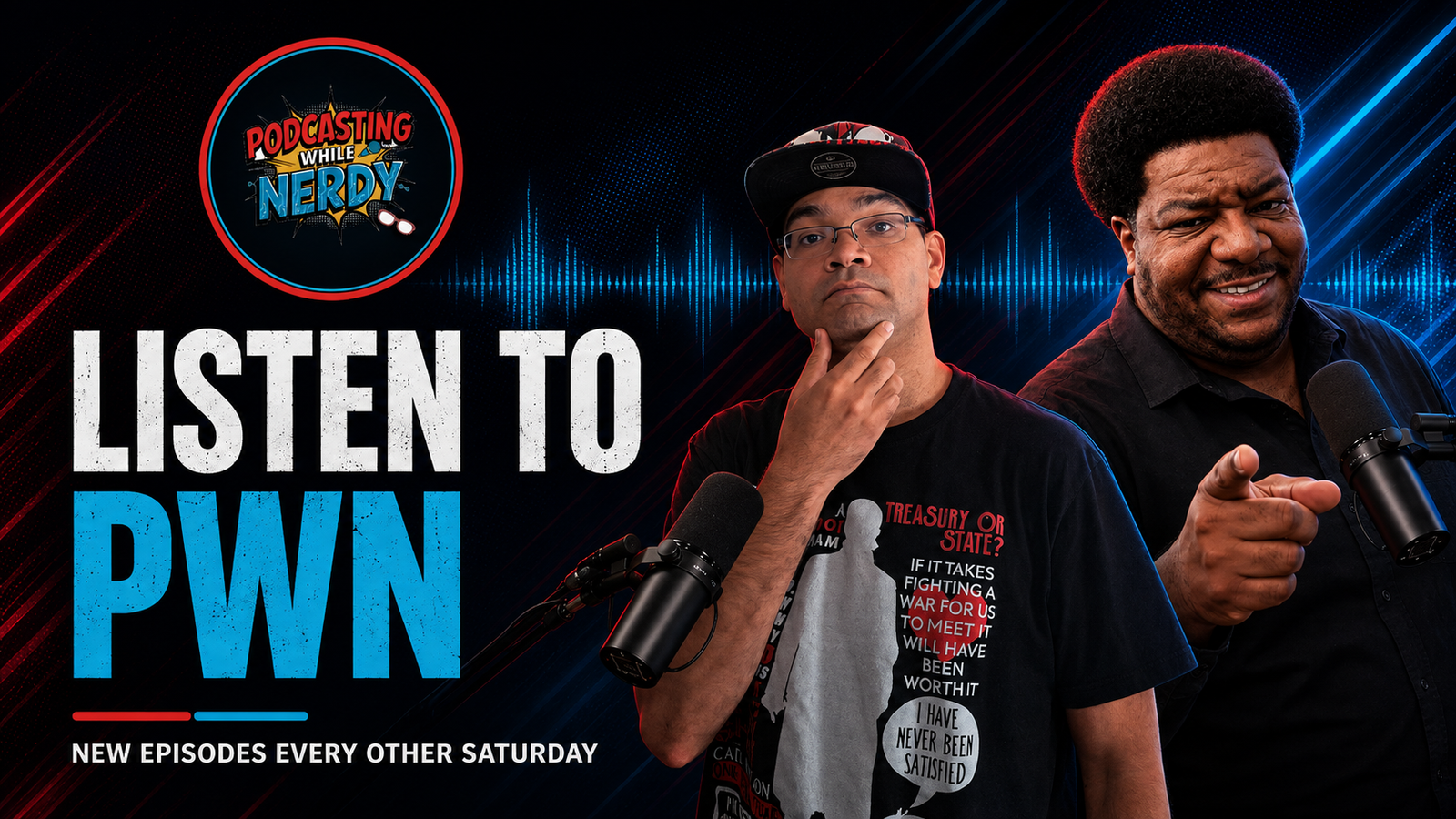 Adrian and Uncle Black inviting listeners to hear Podcasting While Nerdy