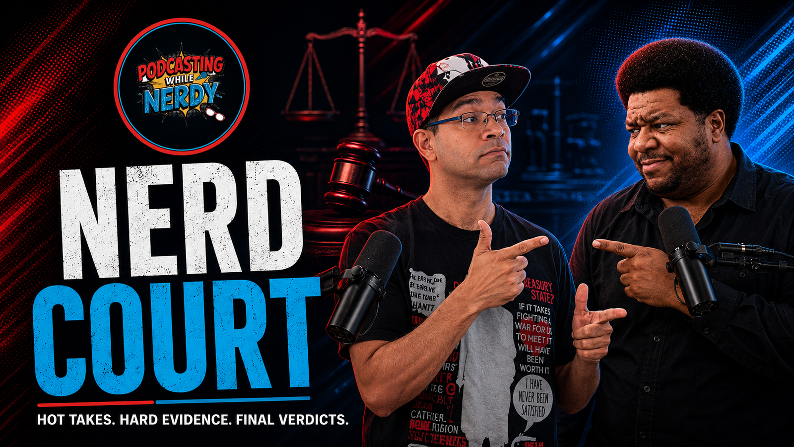Adrian and Uncle Black debating a case in PWN Nerd Court