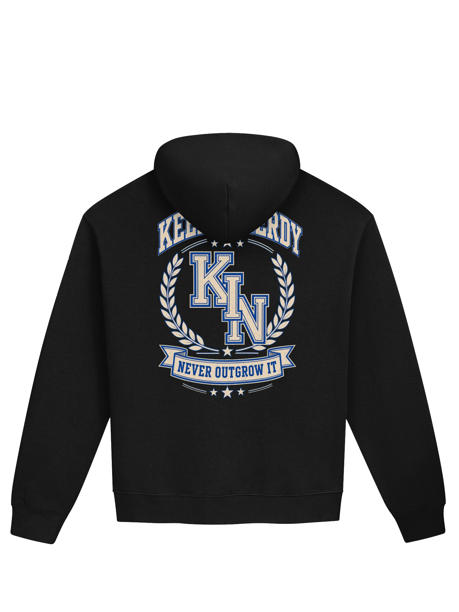 Keep It Nerdy Varsity Hoodie – black heavyweight hoodie featuring KIN left-chest emblem and bold varsity back print