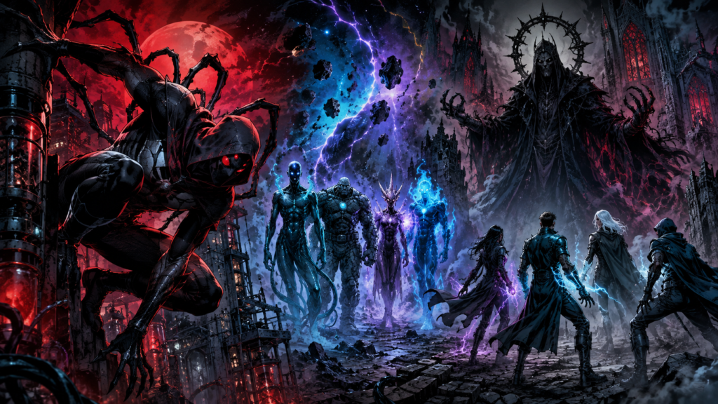 Original horror-comic illustration representing Marvel’s Midnight Universe for Podcasting While Nerdy.