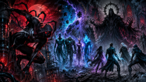 Original horror-comic illustration representing Marvel’s Midnight Universe for Podcasting While Nerdy.