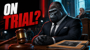 A super-intelligent gorilla in a courtroom beneath the words “On Trial?”