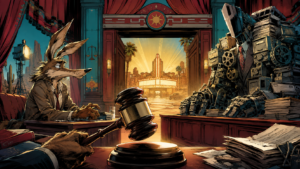 Original comic courtroom illustration representing the Coyote vs. Acme release debate for Podcasting While Nerdy.