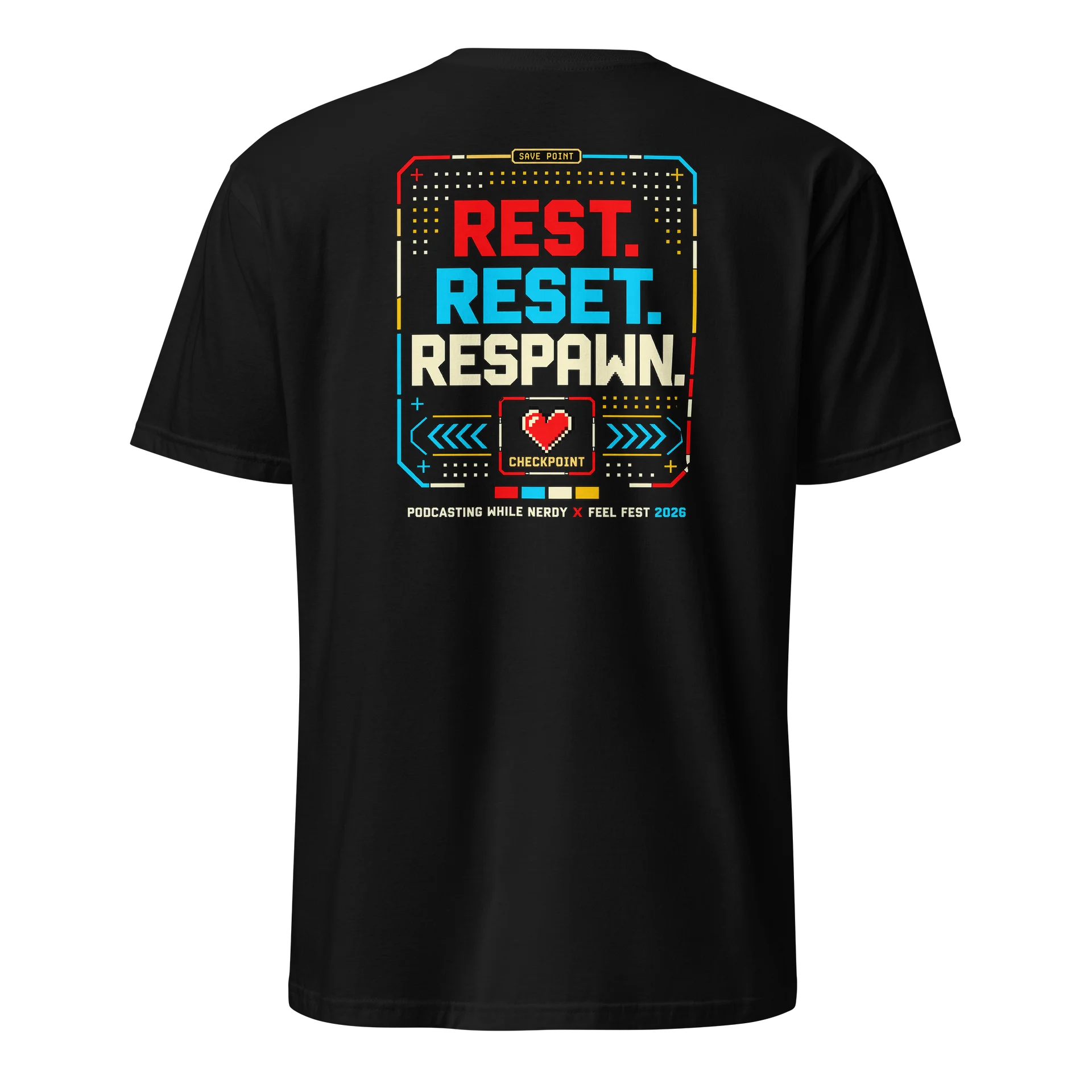 Back of the PWN x Feel Fest Save Point shirt