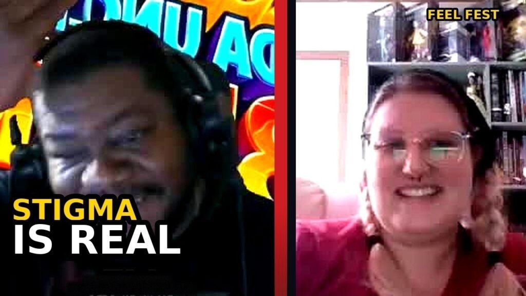 Podcasting While Nerdy host laughing next to a Feel Fest team member, with the words "Stigma is real"